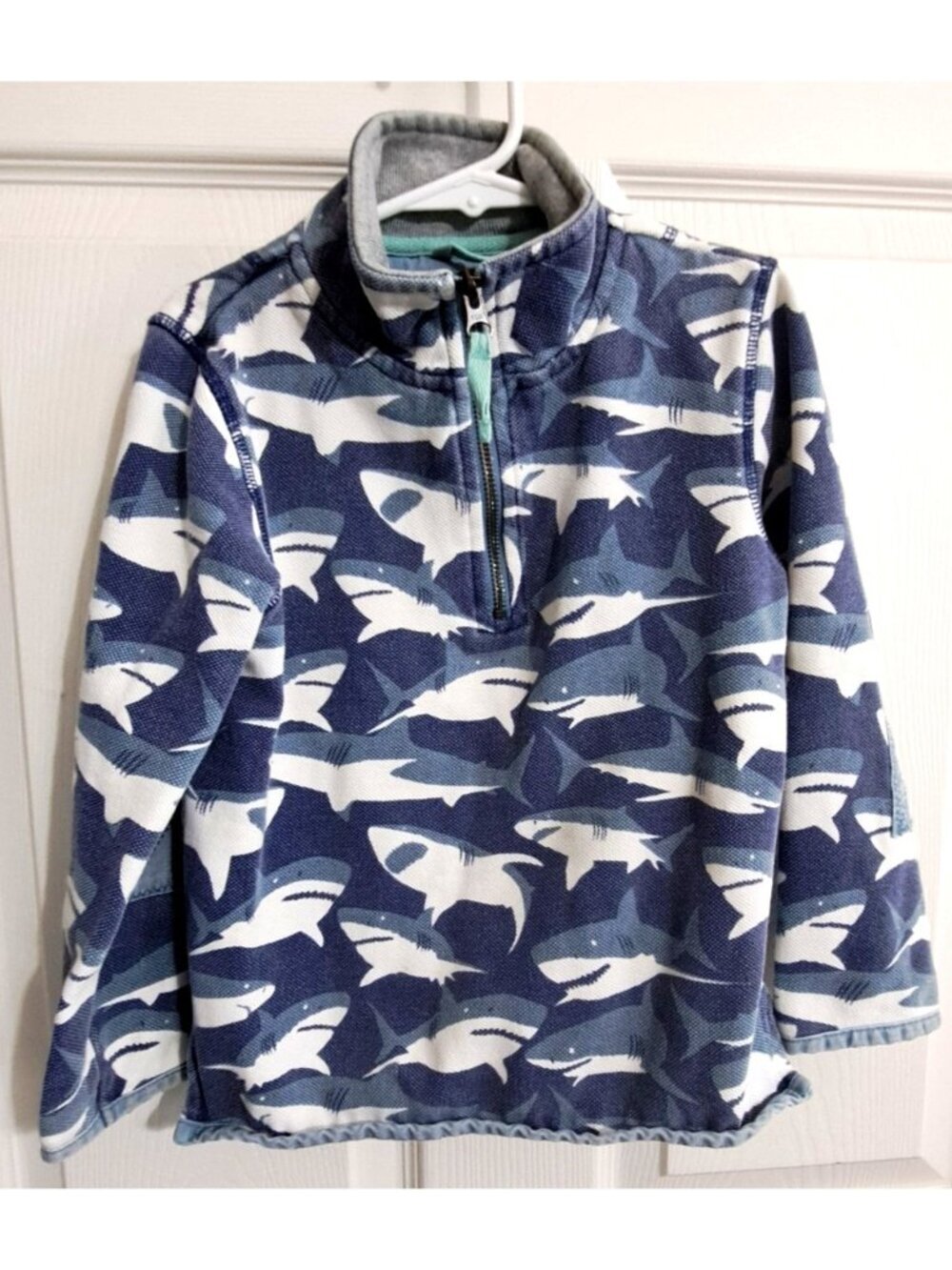 Mini Boden 5-6 Multicolor 1/2 Zip Pullover Top Elbow Patches Beach Sharks